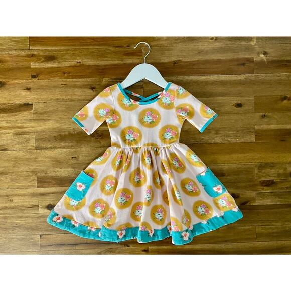 SweetHoney Knit Flair Dress Sewing Class Pink Blue Gold Floral Short Sleeve 2T - Picture 2 of 9
